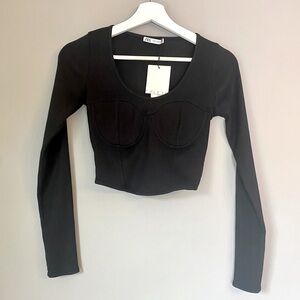 NWT Zara Black, Cropped, Long-Sleeved, Scoop Neck Top